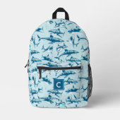 Scary Shark Pattern Aqua Blue Monogram Bedrukte Rugzak (Voorkant)