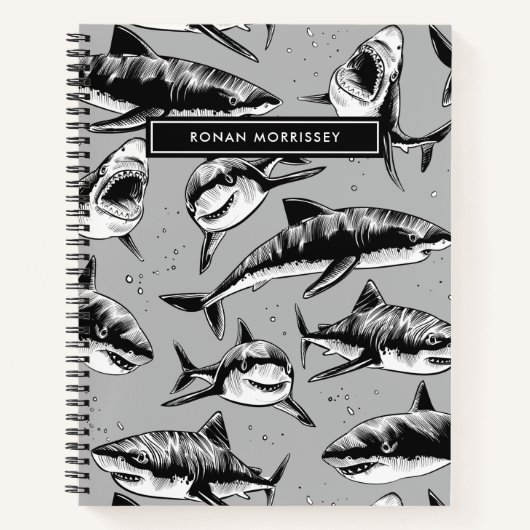 Scary Shark Pattern Name Black Kinder Notitieboek (Voorkant)