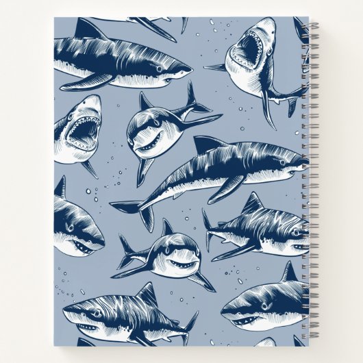 Scary Shark Pattern Name Blue Kinder Notitieboek (Achterkant)