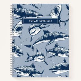 Scary Shark Pattern Name Blue Kinder Notitieboek