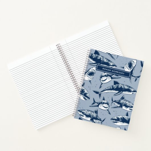 Scary Shark Pattern Name Blue Kinder Notitieboek (Binnen)