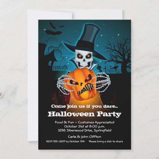 Scary Skeleton and Pumpkin Halloween Invitations (Voorkant)