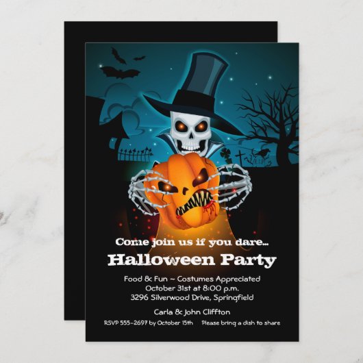 Scary Skeleton and Pumpkin Halloween Invitations (Voorkant / Achterkant)