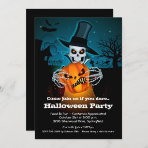 Scary Skeleton and Pumpkin Halloween Invitations