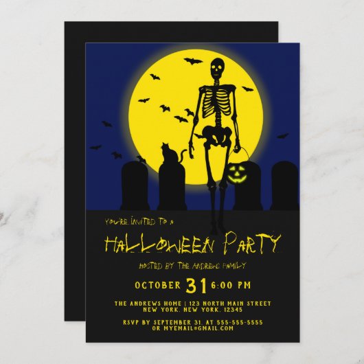 Scary Skeleton Cat Bats Graveyard Scene Halloween Kaart (Voorkant / Achterkant)