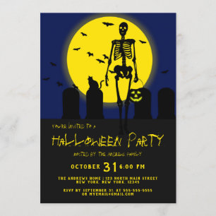 Scary Skeleton Cat Bats Graveyard Scene Halloween Kaart