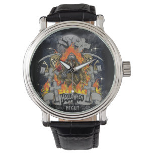 Scary Skeleton in Night Halloween Horloge