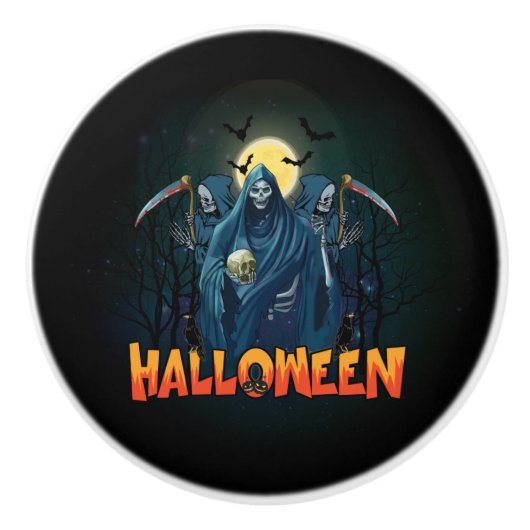 Scary Skeleton Night Halloween, Mijn Halloween Moo Keramische Knop (Voorkant)