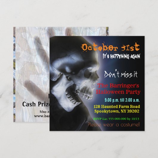 Scary Skull Creepy Cool Halloween Invitation Kaart (Voorkant / Achterkant)