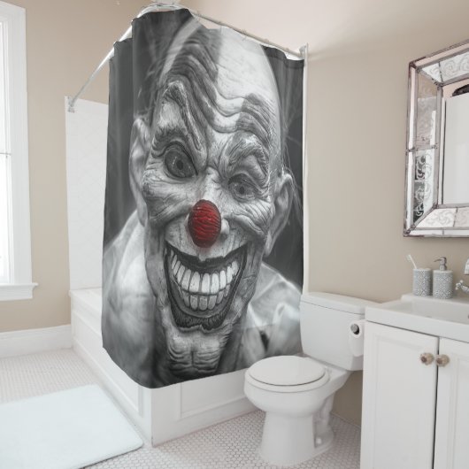 Scary Smiling Clown, Shower Curtain Art Douchegordijn (In situ)