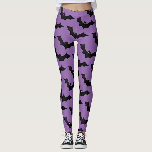 Scary Spooky Halloween Bat Pattern Black Paars Leggings (Voorkant)