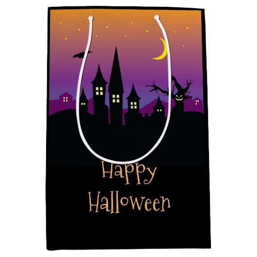 Scary Spooky Haunted House Oranje Halloween Party Medium Cadeauzakje (Voorkant)