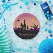 Scary Spooky Haunted House Paarse Halloween Party Papieren Bordje (Feest)