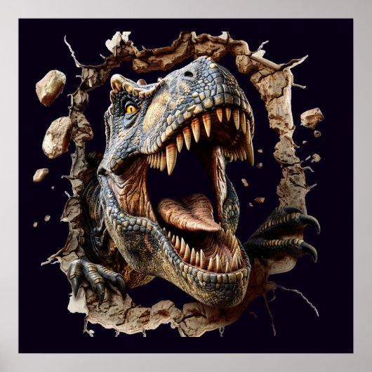 Scary Wall Breakout Dinosaur T-Rex Poster Print (Voorkant)