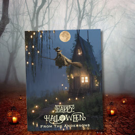 Scary Witch Haunted House Forest Halloween Foto Feestdagenkaart