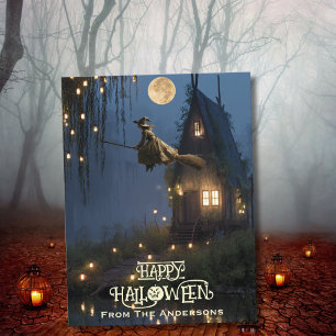 Scary Witch Haunted House Forest Halloween Foto Feestdagenkaart