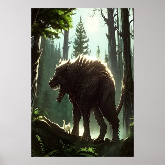 Scary wolf beast in het bos | AI Art Poster (Voorkant)