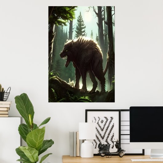 Scary wolf beast in het bos | AI Art Poster (Thuiskantoor)