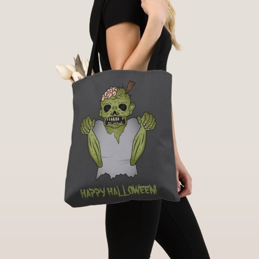 Scary Zombie Cartoon & Happy Halloween Text Tote Bag (Dichtbij)