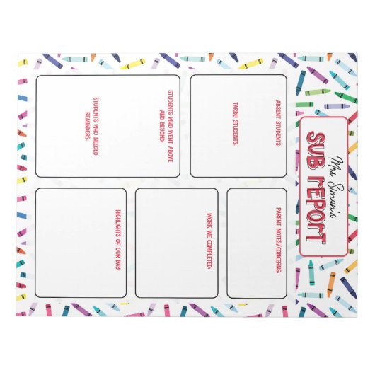 Scattered Crayons Substitute Teacher Report Note Notitieblok (Voorkant)