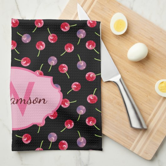 Scattered Waterverf Cherries Monogrammed Theedoek (Quarter Fold)