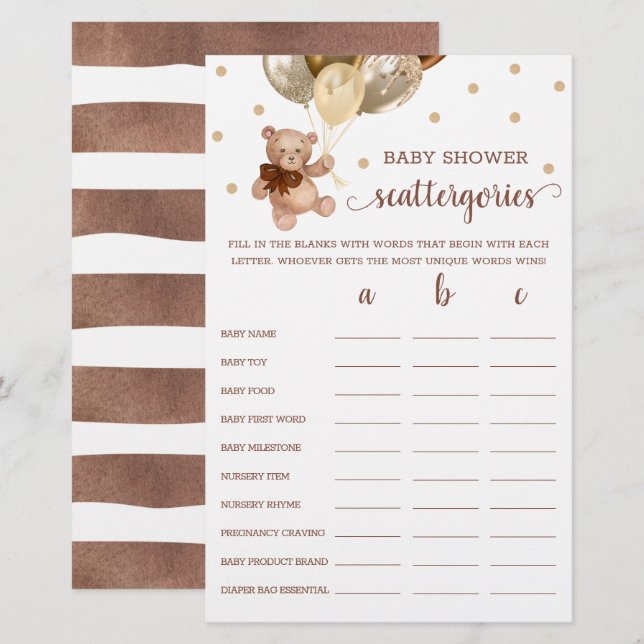 Scattergories Game Baby shower Teddy Bear (Voorkant / Achterkant)