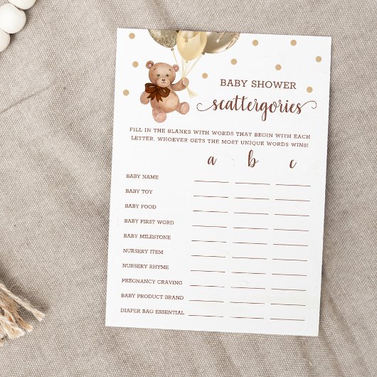 Scattergories Game Baby shower Teddy Bear Kaart