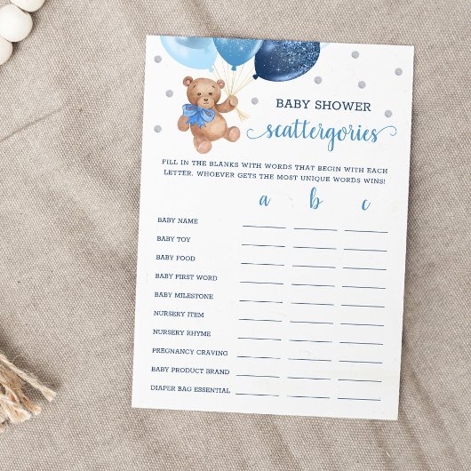Scattergories Game Baby shower Teddy Bear Kaart