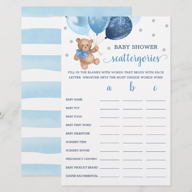Scattergories spel baby shower teddybeer  (Voorkant / Achterkant)