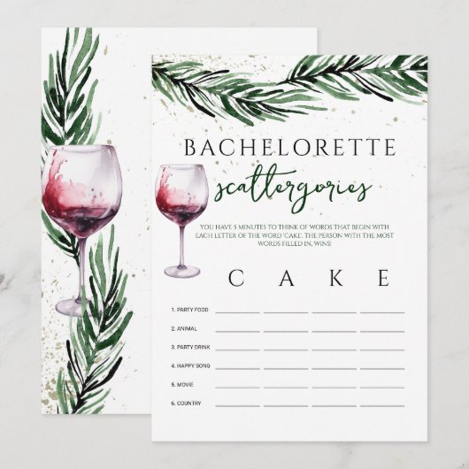 Scattergories Wijndennen Bachelorette spel kaart (Voorkant / Achterkant)