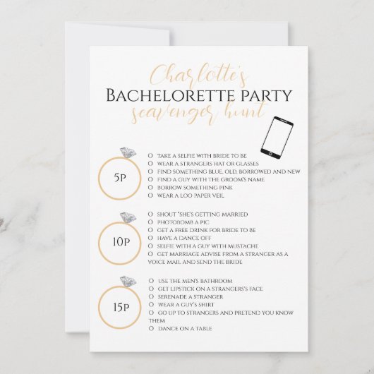 Scavenger Hunt Bachelorette Party Goud Fotospel Kaart (Voorkant)