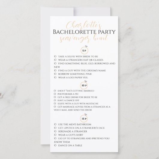 Scavenger Hunt Bachelorette Party Gouden gPhoto sp Kaart (Voorkant)