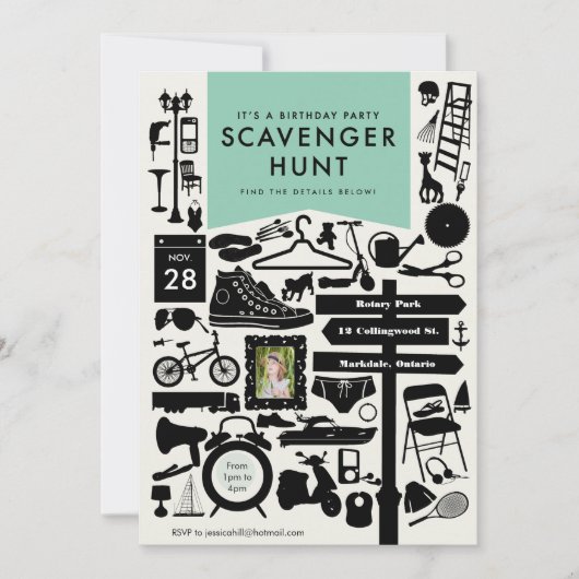 Scavenger Hunt Birthday Party Invitation // Aqua Kaart (Voorkant)