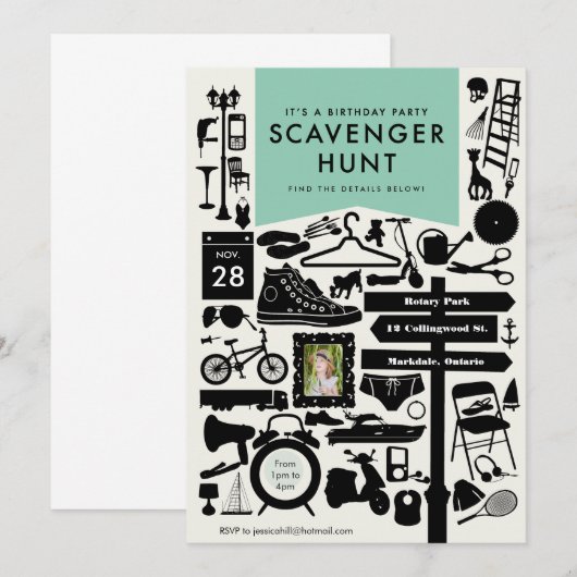 Scavenger Hunt Birthday Party Invitation // Aqua Kaart (Voorkant / Achterkant)