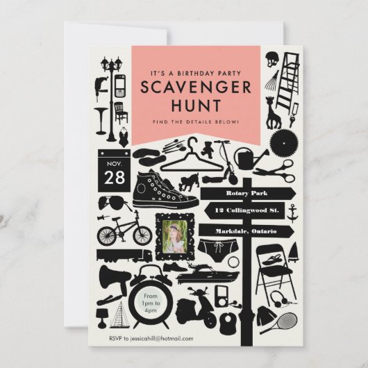 Scavenger Hunt Birthday Party Invitation / Roze Kaart (Voorkant)