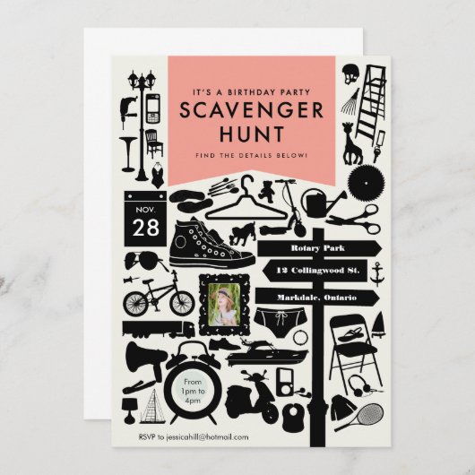 Scavenger Hunt Birthday Party Invitation / Roze Kaart (Voorkant / Achterkant)
