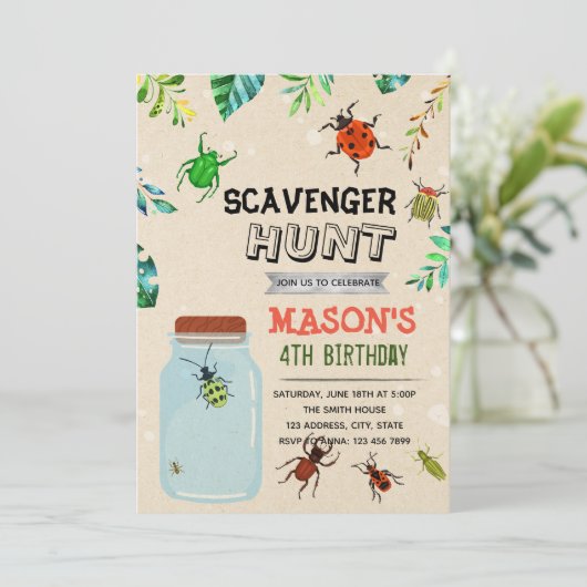 SCAVENGER HUNT bug party uitnodiging (Staand voorkant)