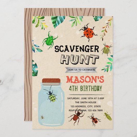 SCAVENGER HUNT bug party uitnodiging (Voorkant / Achterkant)