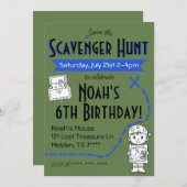 Scavenger Hunt Verjaardagsfeestuitnodiging Blauw Kaart (Voorkant / Achterkant)