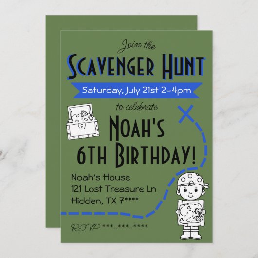 Scavenger Hunt Verjaardagsfeestuitnodiging Blauw Kaart (Voorkant / Achterkant)