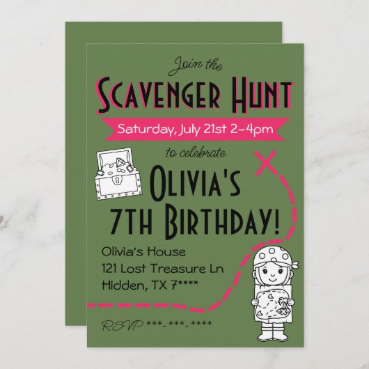 Scavenger Hunt Verjaardagsfeestuitnodiging Groen Kaart (Voorkant / Achterkant)