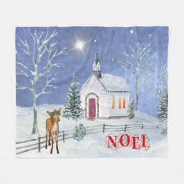 Scene Blanket Blue and White KerstChurch Fleece Deken