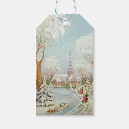 Scene van de kerstwinterkerk van Vintage Cadeaulabel (Voorkant)
