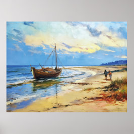 Scène van vissers op het strand van het Baltische  Poster