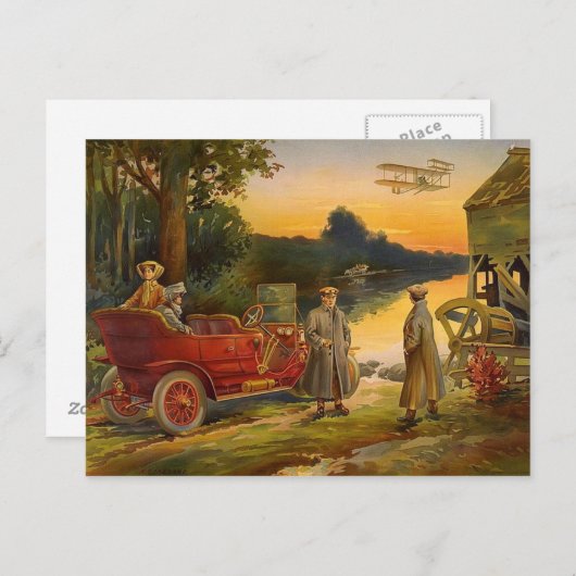 scène voor oude vliegtuigmotoren en reisbussen briefkaart (Voorkant / Achterkant)