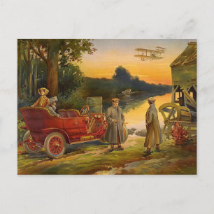 scène voor oude vliegtuigmotoren en reisbussen briefkaart