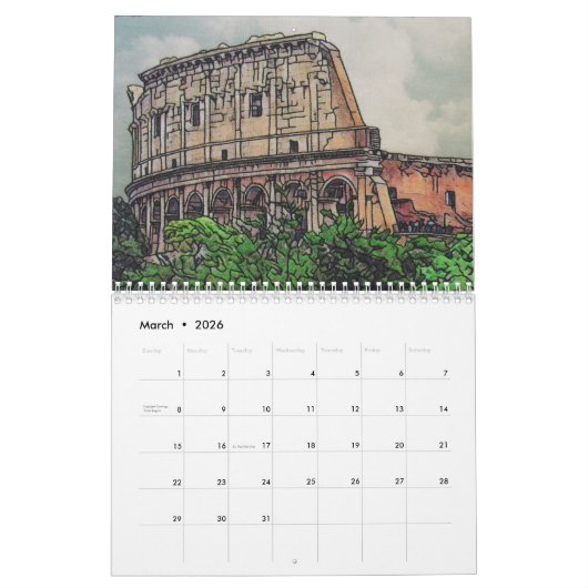 Scènes van de agenda van Rome Kalender (Mar 2026)