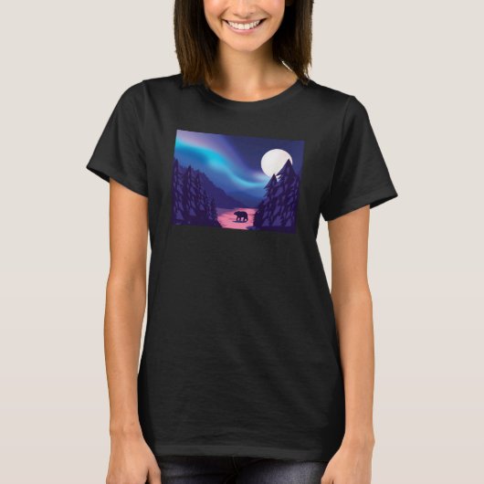 Scenic Polar Bear Silhouette With Moon and Aurora  T-shirt (Voorkant)