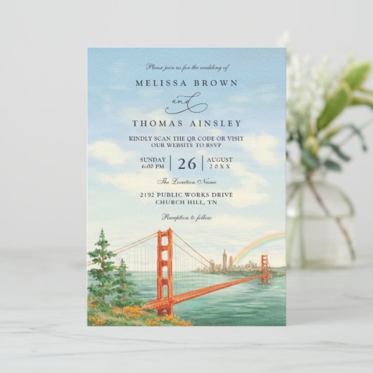 Scenic San Francisco Destination QR Code Wedding Kaart (Staand voorkant)