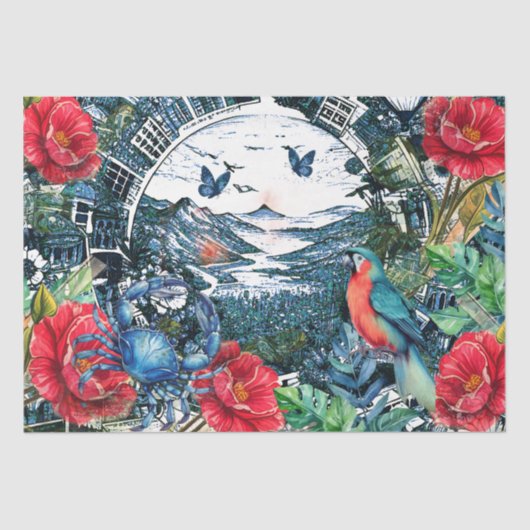 Scenic Tropical Florals Parrot & Butterflies Tissuepapier (Voorkant)